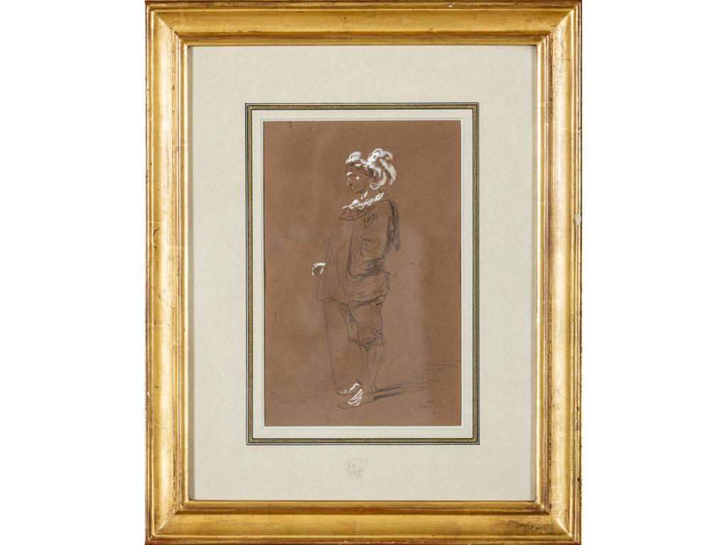 Paul GAVARNI (1804-1866) : Etude de costume. Crayon et gouache blanche. Dim : 22.5x14.5 cm.
