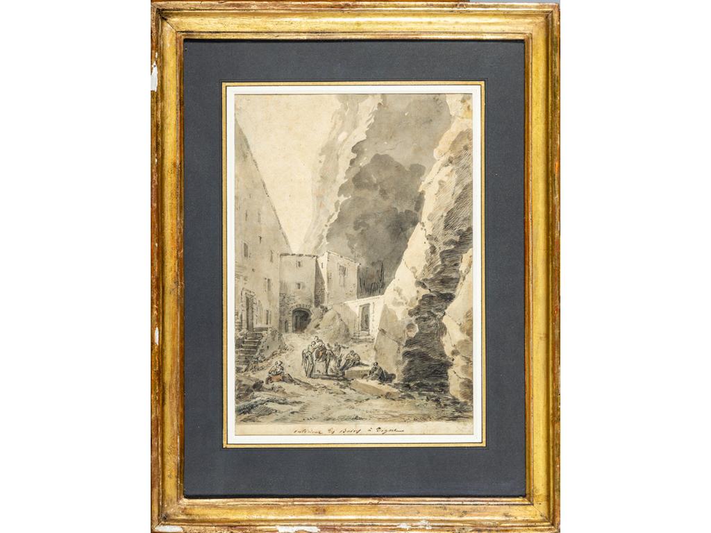 Jean Antoine Constantin d'Aix (1756-1844)  : Intérieur des bains à Digne. Plume et lavis. Situé. Dim : 33x22.5 cm.