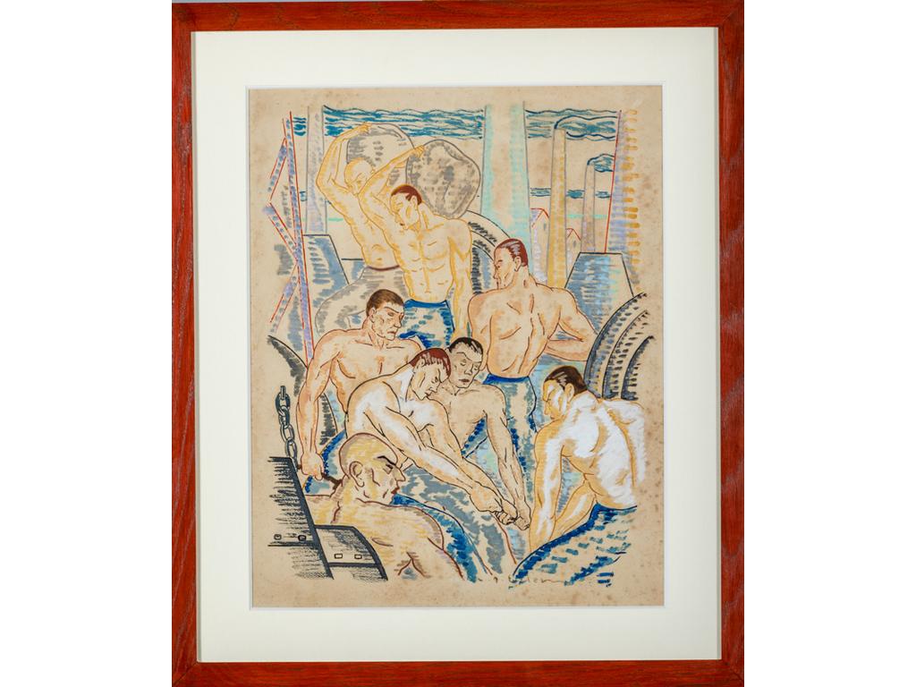 Lucien ROUDIER dit ELLER (1894-1940) : Les travailleurs. Gouache signée en bas à droite LR ELLER. Dim : 44x57 cm.
