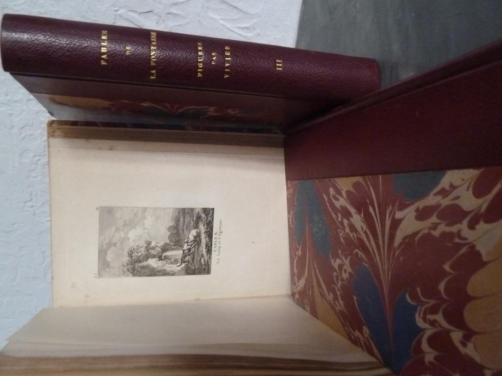 LA FONTAINE, Jean de : [Fables de La Fontaine, avec figures gravées par MM. Simon et Coiny. Paris, Didot l'Aîné, 1787]. 3 volumes grand in-12°. Reliure début XXe, demi-chagrin à la bradel grenat, dos lisses titrés or, têtes dorées.  Suite seule avec le portrait frontispice et les 275 superbes eaux-fortes hors-texte dessinées d'après M. VIVIER et gravées par Simon et Coiny, tous avec les numéros (sauf 2 avant les numéros). Certaines Fables sont illustrées de plusieurs planches : 18 fables ont 2 gravures, 2 fables ont 3 gravures, « Les Filles de Minée » ont 4 gravures et « Le Meunier, son fils et lâne » : 5. Lensemble a été entièrement et parfaitement monté sur onglets avec serpentines.  (Rochambeau, p.48, n°131 , Cohen, 303). Quelques rousseurs ou brunissures sur tout au 1er volume, petites mouillures en marge de 6 à 8 figures. TRES BEL EXEMPLAIRE de cette magnifique et rare suite