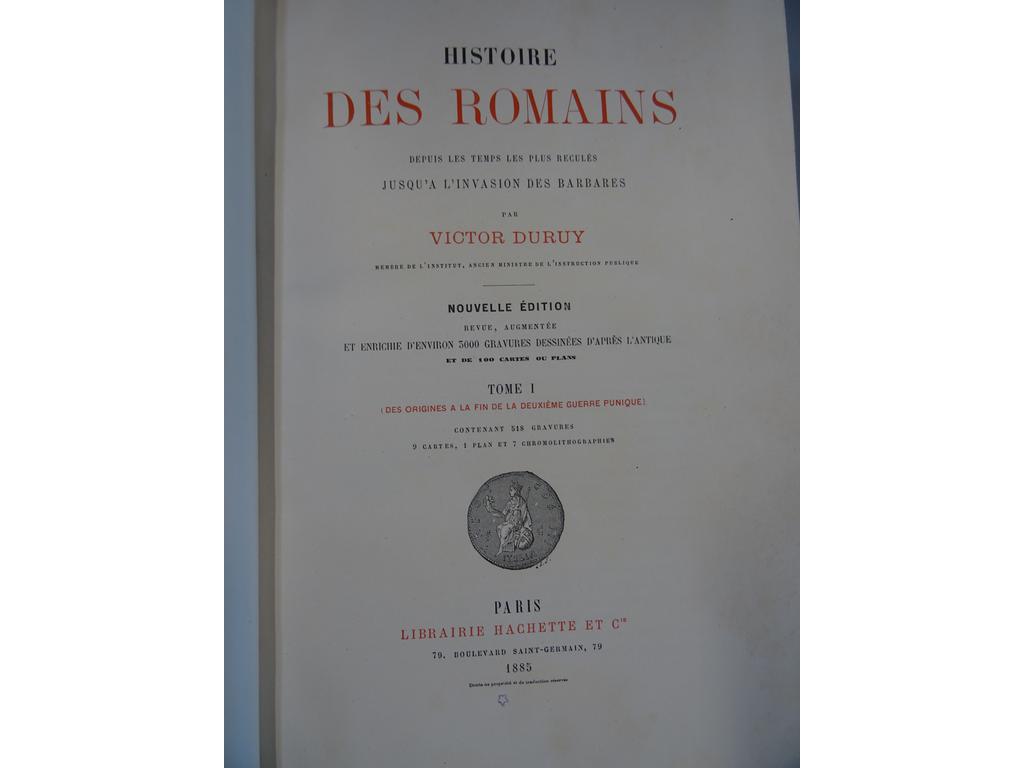 Victor DURUY : Histoire des Grecs (6 volumes sur 7) et Histoire des Romains (4 volumes). Editions de 1885 et 1887. En tout 10 volumes in quarto reliure 1/2 cuir veau blond orné, de l'époque.