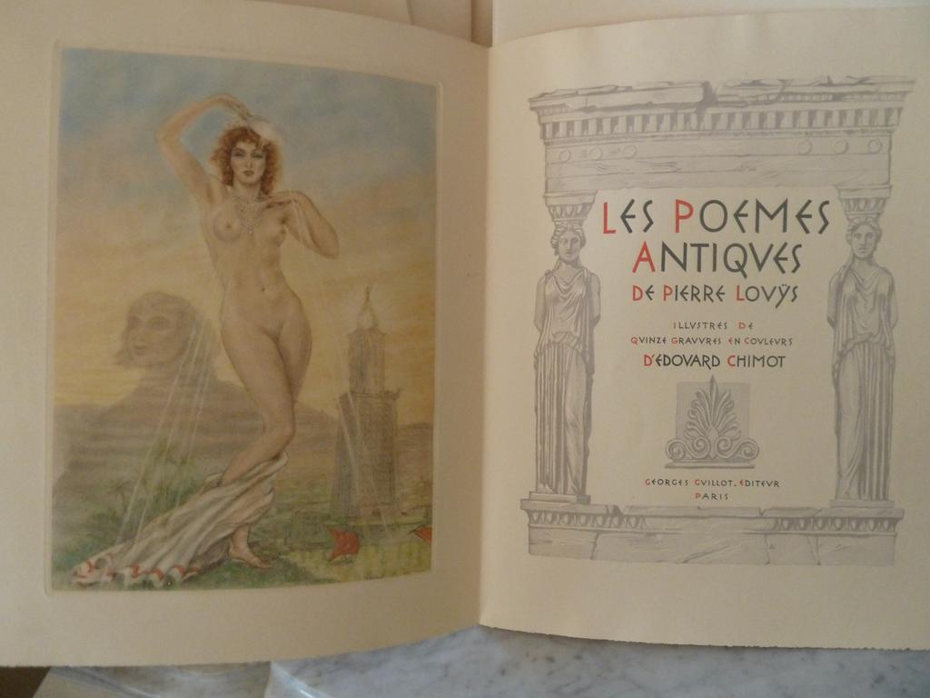 LOUYS, Pierre. (CHIMOT, Edouard) : Les poèmes antiques. Paris : Guillot, 1949. Un volume in-4° en feuilles sous couvertures imprimées et rempliées, chemise titrée au dos et étui cartonnés de léditeur. Illustré de 15 gravures en couleurs dEdouard CHIMOT, dont frontispice, et 14 à pleine page. Tiré à 345 ex. numérotés. 1 des 190 sur vélin de Rives crème.  Couvertures un brin brunies sinon TRES BEL EXEMPLAIRE.