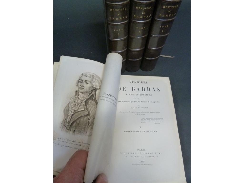 BARRAS : Mémoires. Paris : Hachette, 1895-1896. 4 volumes grand in-8°. Reliures de lépoque demi-chagrin chocolat, dos à nerfs jansénistes, têtes dorées. Bien complet de ses 4 portraits en frontispice. Reliures signées par PIERSON. TRES BEL EXEMPLAIRE. (n.c.)