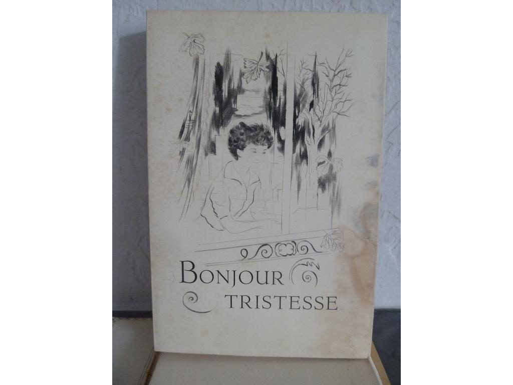SAGAN, Françoise. (GRAU SALA , Emilio) : Bonjour tristesse. Paris : Marcel Lubineau, 1954. Un volume in-8° en feuilles sous couvertures illustrées et rempliées. Chemise cartonnée titrée au dos de léditeur (sans létui). Illustré de 20 pointes-sèches dEmilio GRAU SALA, dont couverture et frontispice. Tiré à 575 ex. numérotés sur vélin de Rives. 1 des 25 de tête comprenant en plus suite en noir et une suite en bistres, toutes deux avec remarques, une pointe-sèche supplémentaire tirée sur soie, 6 planches refusées avec remarques, un dessin original à lencre signée et un cuivre encré. La chemise, la 1ère de couverture et une dizaine de feuilles présentent des mouillures à lextrémité de la marge extérieure.
