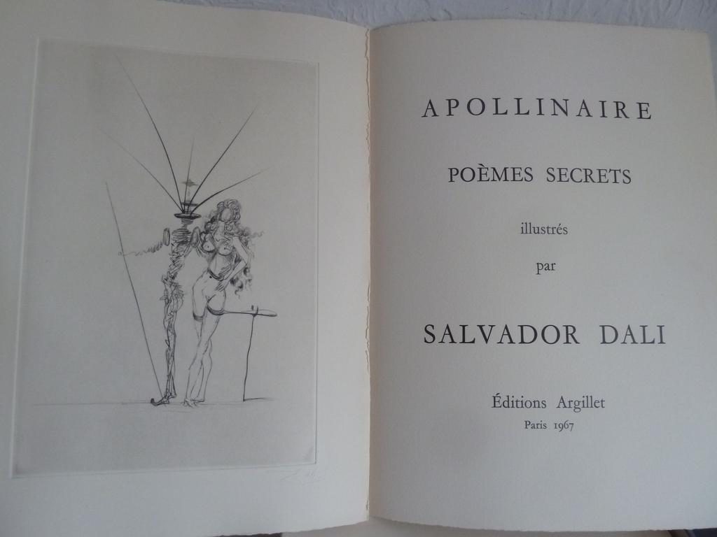 APOLLINAIRE, Guillaume. (DALI, Salvador) : Poèmes secrets. Paris : Argillet, 1967. Un volume in-folio, en feuilles, sous couverture ornée dune illustration gaufrée sur le 1er plat, chemise toilée grise avec signature dorée de Dali, coffret de la même toile de léditeur orné de la même illustration dorée de la couverture. Illustré de 18 cuivres de Salvador DALI gravés à la pointe sèche et au rubis, dont 10 hors-texte et 8 vignettes. Tiré à seulement 235 ex. numérotés. 1 des 135 sur Arches blanc revêtu au colophon, de la signature autographe de Salvador Dali, daté « 67 » et du cachet de l'éditeur à l'empreinte de Dali. TRES BEL EXEMPLAIRE.