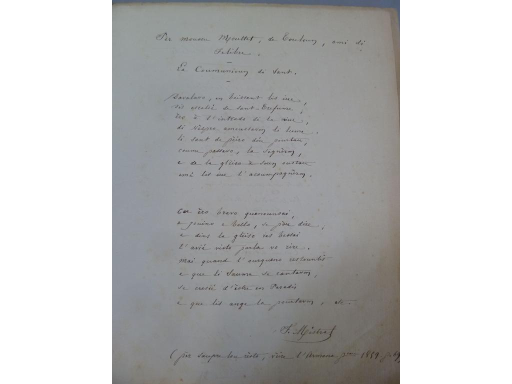 MISTRAL, Frédéric (1830-1914). Poème autographe signée sur un livre de compte, à lintention de Monsieur Moutet, de Toulon, ami du Félibre. 1 page in-4°, circa 1859. Au verso se trouve un poème autographe signé de Joseph ROUMANILLE.