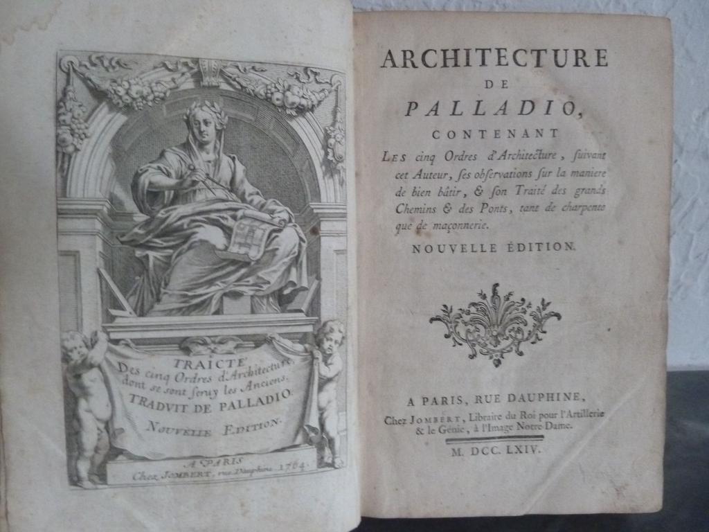 PALLADIO : Architecture de Palladio contenant les cinq ordres. Paris : Jombert, 1764. Un volume in-8°. Reliure de lépoque plein veau havane, dos lisse orné de caissons de triple filet doré fleuronnés, pièce de titre en maroquin grenat, toutes tranches rouges. Illustré dun frontispice et 75 planches gravées (souvent recto-verso) à pleine page dont une dépliante. Reliure défraichie, quelques rehauts, bon état intérieur. Exemplaire de travail.