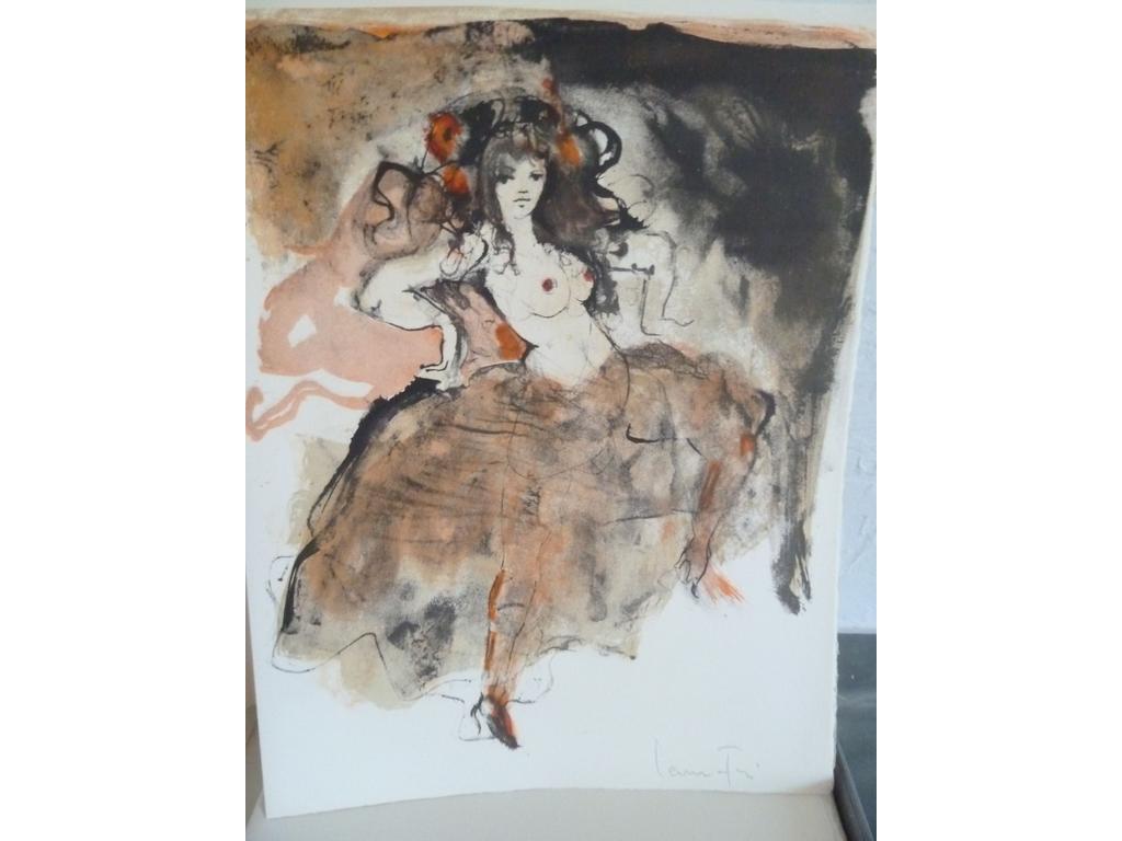BAUDELAIRE, Charles. (FINI, Leonor) : La Fanfarlo. Nice : La Diane française, 1969. Un volume in-folio en feuilles sous couvertures imprimées et rempliées, coffret de toile grise titré au dos de léditeur. Illustré de 13 lithographies originales en couleurs de Leonor FINI, dont 10 à pleine page dont frontispice et 3 grand in-texte. 10 lithographies sont signées à la mine de plomb par lartiste. Tiré à 165 ex. numérotés. 1 des 120 sur grand vélin dArches signé par lartiste à la justification. TRES BEL EXEMPLAIRE.