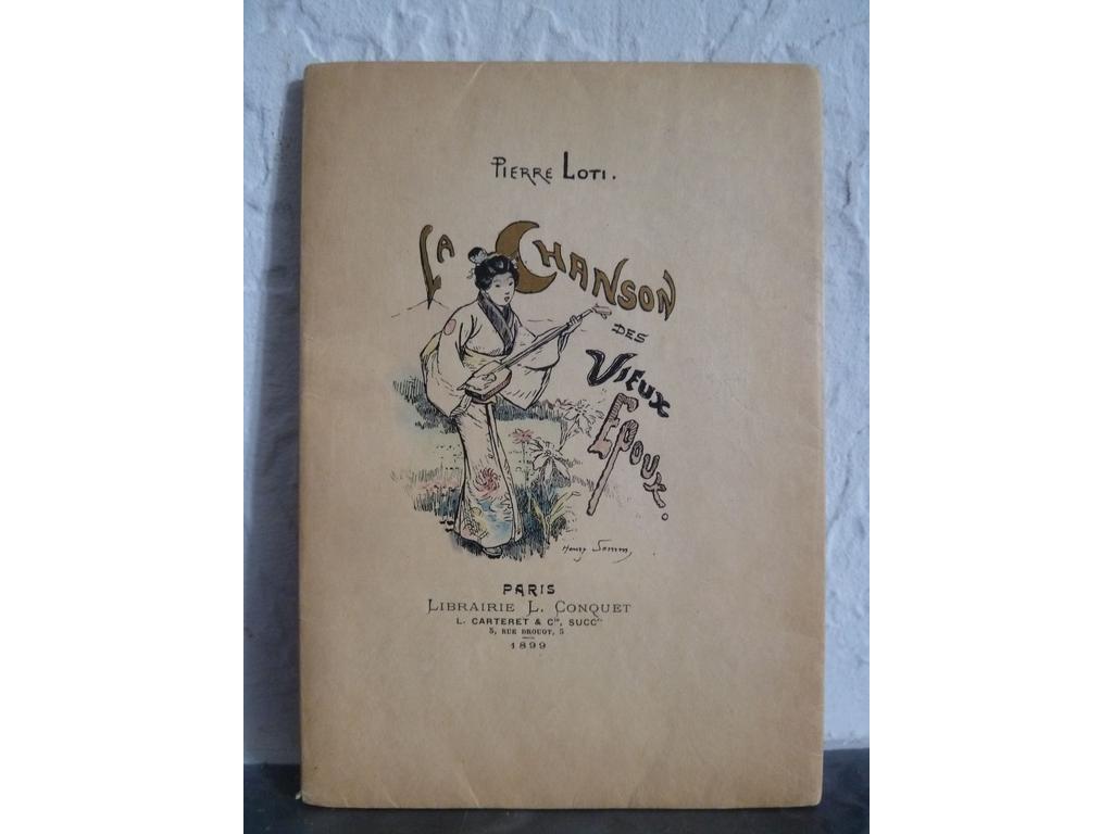 LOTI, Pierre. (SOMM, Henry) : La chanson des vieux époux. Paris : Conquet-Carteret, 1899. Un volume in-12 broché sous couvertures illustrées et rempliées. Illustré de 17 aquarelles in-texte dont celle sur le 1ère de couverture dHenry SOMM. EDITION ORIGINALE séparée tirée à seulement à 300 ex. non mis dans le commerce. Le nôtre nominatif, sur papier Japon. TRES BEL EXEMPLAIRE, de cette charmante nouvelle japonaise de Loti.