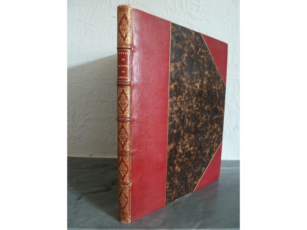 MOREAU LE JEUNE et LE BARBIER : [Suite des illustrations pour la collection complète des uvres de J.-J. Rousseau]. S.l.n.e : s.d. (Bruxelles : 1774-1783). Un volume in-4°. Reliure fin XIXe siècle demi-maroquin rouge à coins, dos à nerfs orné de caissons de double filet doré richement et élégamment fleuronnés, filets dorés sur plats, tête dorée. Reliure signée par REYMANN. Ex-libris armorié doré sur grande pièce de maroquin rouge du Président de VIEFVILLE DES ESSARTS. Suite bien complète du portrait de Jean-Jacques Rousseau gravé par H. de Saint-Aubin daprès La Tour et des 37 superbes estampes à pleine page de MOREAU (30) et LE BARBIER (7), gravées par Choffard, Dambrun, De Launay, Duclos, etc., le tout monté sur onglets. Les 37 gravures se répartissent ainsi : - 6 pour les uvres diverses , - 6  pour le Théâtre , - 13 pour La nouvelle Héloïse , - 9 pour lEmile , - 3 pour Les Confessions. (Cohen : 908). Quelques frottis au 1er mors notamment sinon BEL EXEMPLAIRE, le chef duvre de Moreau Le Jeune.