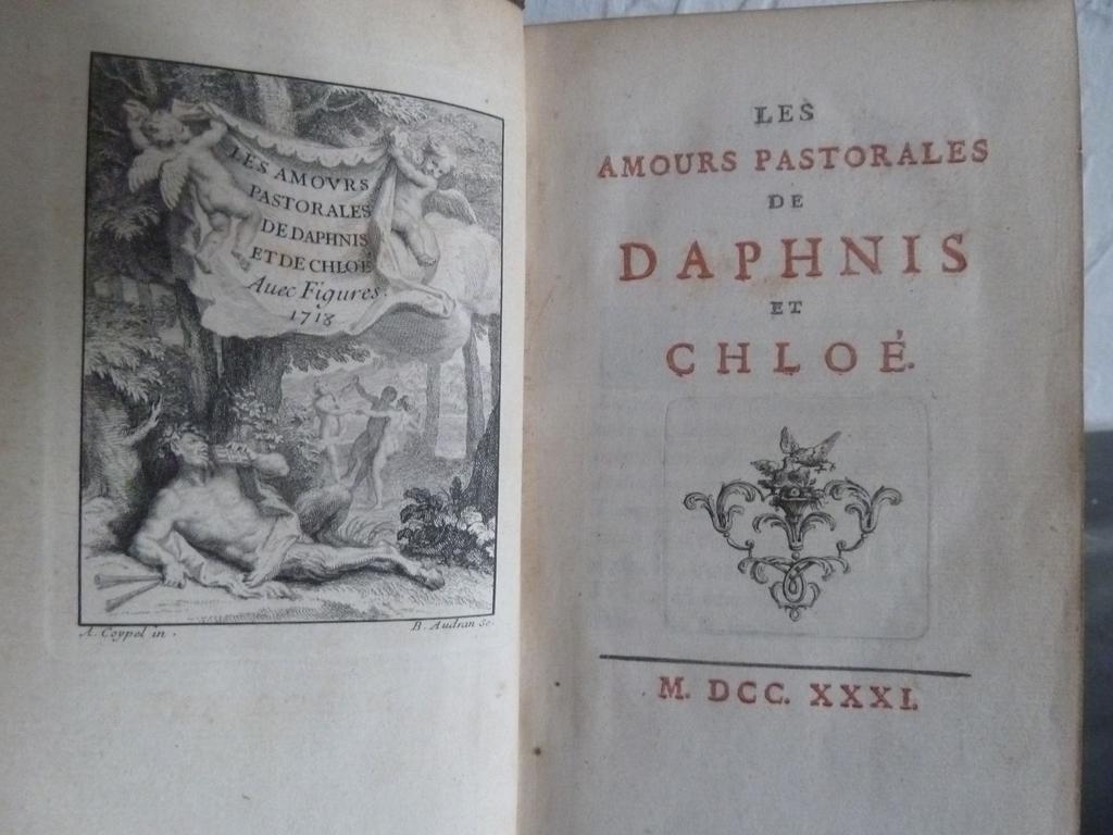 LONGUS : Les amours pastorales de Daphnis et Chloé. S.l. (Paris) : S.n., 1731. Un volume in-12°. Reliure de lépoque plein veau fauve, dos à nerfs orné de caissons de quadruple filet doré fleuronnés, filet doré sur coupes, roulette dorée sur chasses, toutes tranches dorées. Exemplaire de lédition dite Coustelier dans lequel les figures de Scotin ont été remplacées par les fameuses gravures du Régent parues en 1718, soit : un frontispice daprès Coypel et 28 planches hors-texte dont 13 sur double page gravées par Audran, daprès les compositions du Régent Philippe dOrléans, également 4 en-tête gravés. (Cohen : 648 et 651). Mors fendillés et restaurés. BON EXEMPLAIRE.