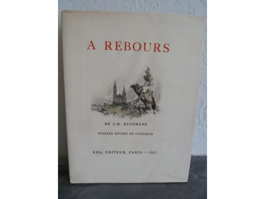 HUYSMANS, J.-K. (COUSSENS, A.) : A rebours. Paris : Kra, 1927. Un volume broché petit et fort in-4°, sous couvertures illustrées et rempliées. Non rogné. Illustré de 67 pointes sèches originales en couleurs dArmand COUSSENS dont une en frontispice. Tiré à 210 ex. numérotés. 1 des 160 sur vélin impérial dArches. Petits manques en queue, brochage fragile comme dusage sinon BEL EXEMPLAIRE.