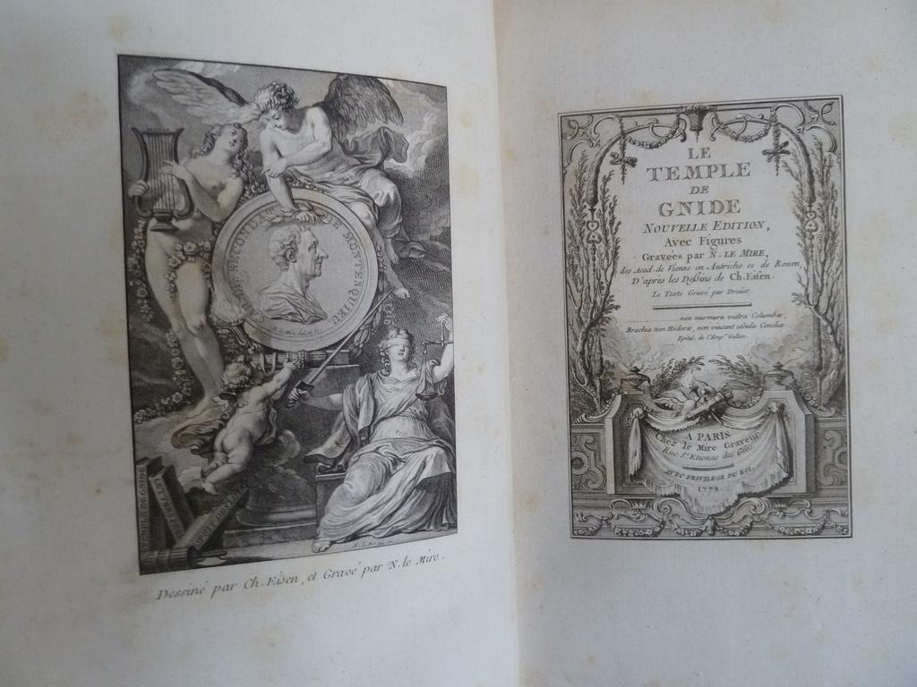MONTESQUIEU. (EISEN) : Le temple de Gnide. Paris : Chez Le Mire, 1772. Un volume petit in-4°. Reliure de lépoque plein veau porphyre, dos lisse orné de caissons de filet doré fleuronnés, pièce de titre en maroquin bronze, triple filet doré en encadrement des plats, double filet doré sur coupes, roulette dorée sur chasses, toutes tranches dorées. Ex-libris armorié et collier de la Toison dor « Ex-libris Liechtensteinianis », des Princes du Liechtenstein.  Illustré dun frontispice avec le portrait de lauteur en médaillon, dun titre gravé, dune vignette armorié en-tête de la dédicace et 9 figures hors-texte dEISEN, gravées par Le Mire. Exemplaire du 1er tirage avec la légende : « La chaleur va les faire renaître  » à la 2ième planche de Céphise. (Cohen : 726). Légers frottis, très rares et pâles rousseurs sinon TRES BEL EXEMPLAIRE, dont lélégance et la finesse des estampes en fait un des beaux livres illustrés du XVIIIe et lun des seuls dont le texte soit entièrement gravé.