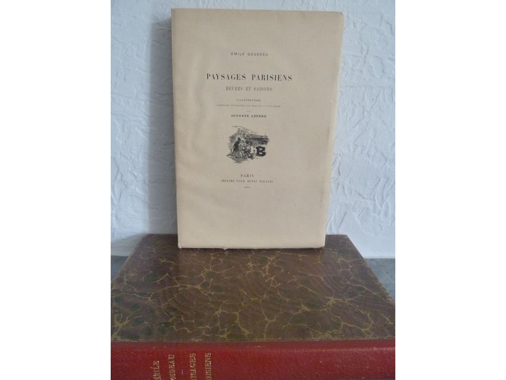 GOUDEAU, Emile. (LEPERE, Auguste) : Paysages parisiens, heures et saisons. Paris : Imprimé pour Henri Béraldi, 1892. Un volume broché grand in-8°, sous couvertures imprimées et conservées, non rogné. Double étui sencastrant dont un avec dos en maroquin grenat titré or et monogramme doré dHenri Béraldi en queue. EDITION ORIGINALE et 1er TIRAGE des 5 eaux-fortes hors-texte dont frontispice et 42 gravures sur bois in-texte dAuguste LEPERE. Tiré à seulement 138 ex. numérotés sur vélin du Marais. 1 de ceux-ci. Brochage fragile comme dusage sinon TRES BEL EXEMPLAIRE