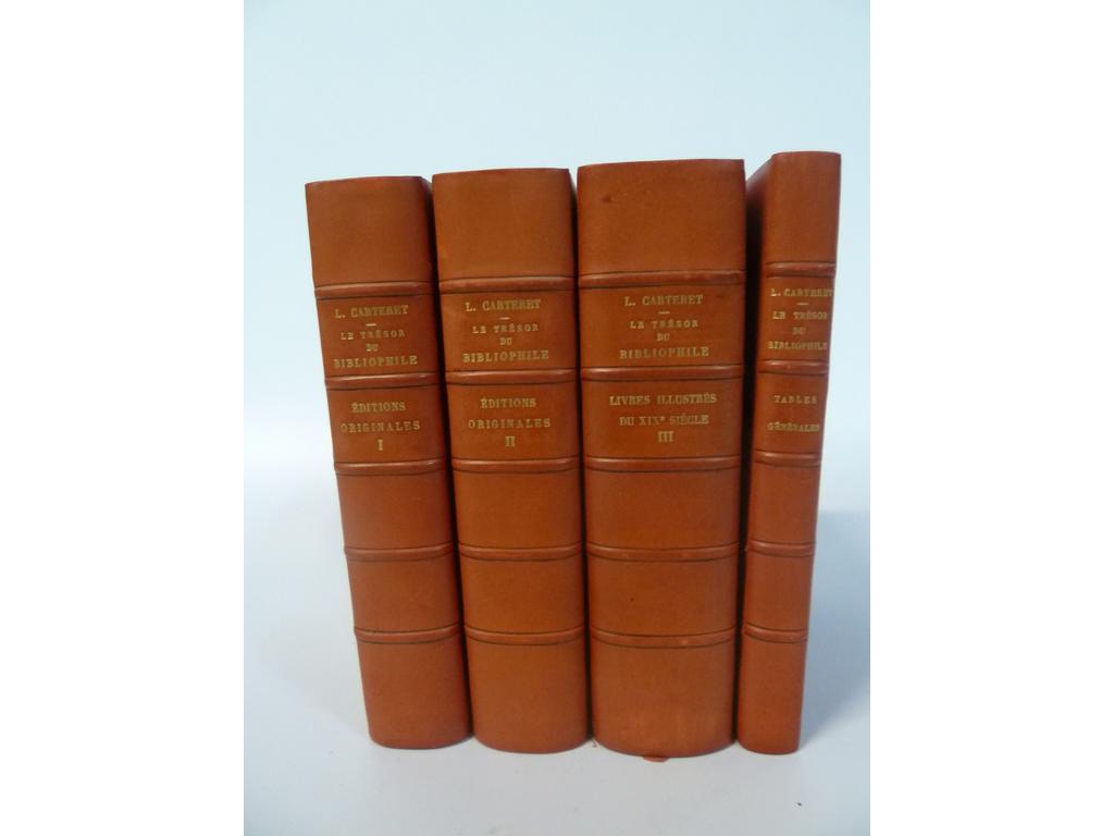 (Bibliographie) CARTERET, Léopold : Le trésor du bibliophile romantique et moderne 1801-1875. Paris : Carteret, 1924-1928. 4 volumes petit in-4°. Reliures mi-XXe demi-basane rouge à coins, dos à nerfs jansénistes, têtes dorées, couvertures imprimées conservées. BON EXEMPLAIRE. (n.c.)