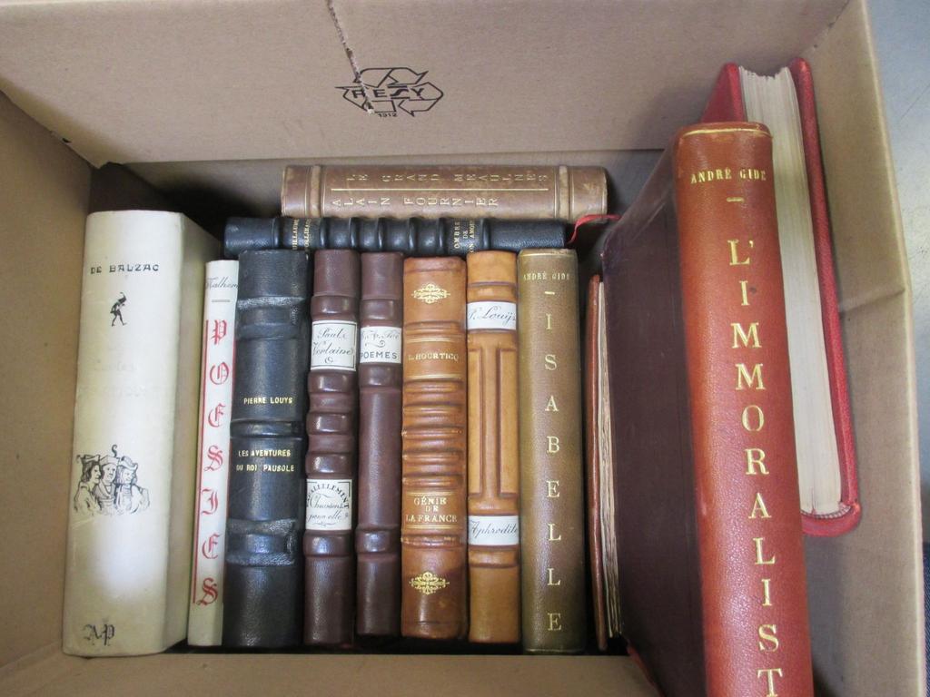 Ensemble de 13 volumes de littérature Française : VERLAINE, GIDE, APPOLINAIRE, BALZAC, dont certains illustrés. Formats principalement in octavo, reliures amateurs. 1 carton