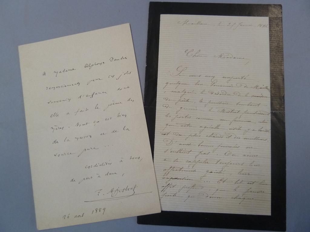 MISTRAL, Frédéric (1830-1914). Lettre autographe signée à Mme Alphonse Daudet. 1 page in-12°, datée du 26 avril 1889. ON Y JOINT : Une lettre autographe signée de Madame MISTRAL à Madame Daudet , Maillane, 25 juillet 1884. 32 pages in-12°. TRES BON ETAT.