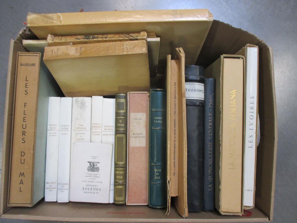 Ensemble d'environ 20 ouvrages principalement illustrés tous formats dont BAUDELAIRE : Les Fleurs du Mal, SAND : Elle et Lui, VILLON : Les oeuvres complètes et Varia. 1 carton