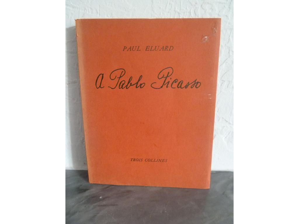 ELUARD, Paul : A Pablo Picasso. Genève-Paris : Editions des trois collines, 1944. Un volume broché grand in-8° carré sous couvertures imprimées orange et rempliées. Illustré de nombreuses reproductions en noir, dont une grande partie à pleine page. Frontispice en couleurs contrecollé également 1 page en fac-similé autographe. EDITION ORIGINALE. Dos éclairci. BON EXEMPLAIRE.
