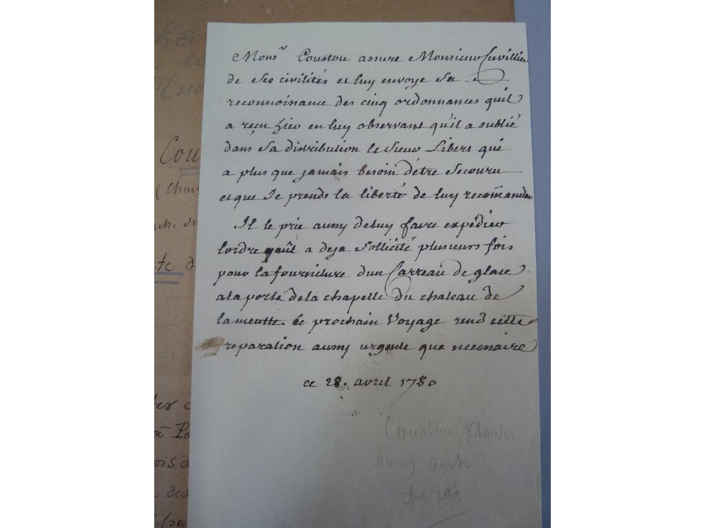 COUSTOU, Charles Pierre (1721-1797) : lettre autographe à Monsieur CUVILLIER, datée de 28 avril 1780. Architecte Du Roi Louis XVI