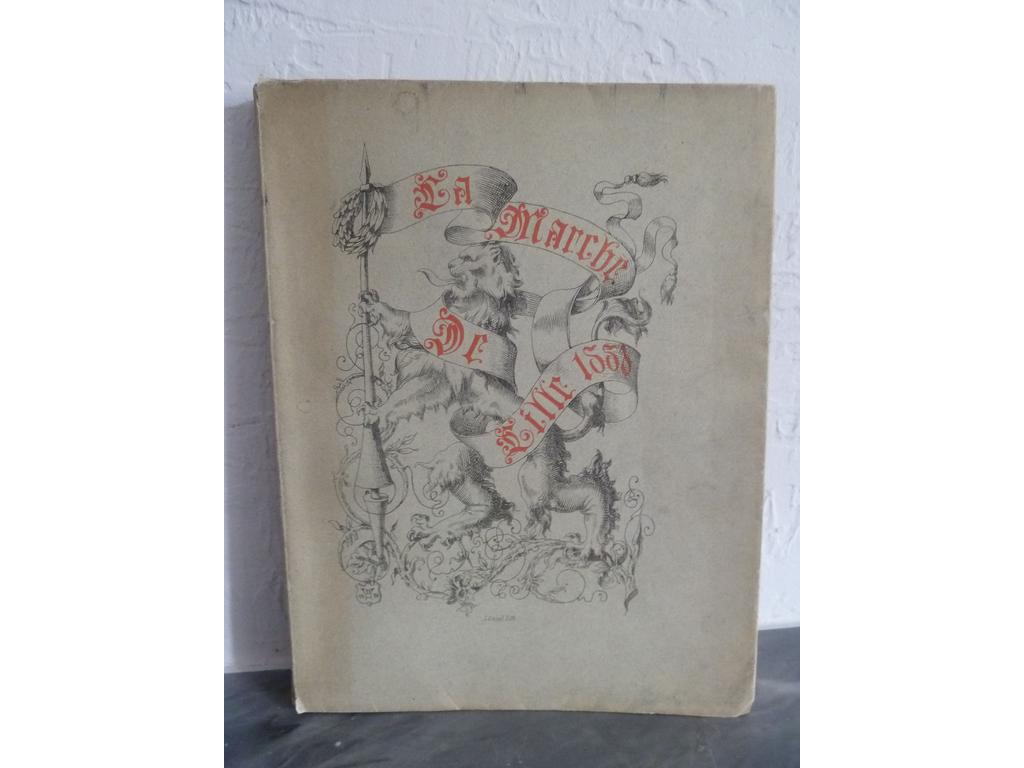 VAN DRIESTEN, Joseph Emmanuel : La Marche de Lille 1556. Lille : L. Quarré, 1884. Un volume broché grand in-4° sous couverture illustré et rempliée. Non rogné. Très belle page de titre à encadrement gravée en bleu signéé Dujardin. Bien complet de ses 72 planches représentant 291 blasons dessinés et peints en couleurs à la main.  Tiré à 150 ex. justifiés à lencre par lauteur sur vergé. Exemplaire réglé en rouge. D'après Saffroy : 22379, il sagit de la reproduction très fidèle et parfaite d'un manuscrit du XVIe siècle légué à la ville de Lille par M. Godefroy Menilglaise. Il est des plus intéressants au double point de vue de l'histoire des familles du XVIe s. titulaires de fiefs, dignitaires de la Châtellenie de Lille, et des recherches héraldiques relatives aux villes et villages de cette même Châtellenie.