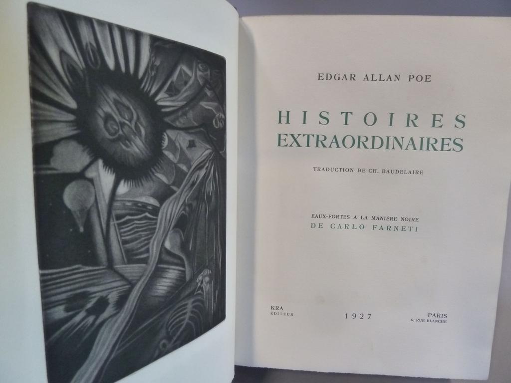 POE, Edgar. (FARNETTI, Carlo) : Histoires extraordinaires. Paris : Kra, 1927. 1 volume grand in-4°. Reliure de lépoque demi-maroquin rouge à coins, dos à nerfs janséniste. Couvertures et dos imprimés conservés. Reliure signée par STROOBANTS. Illustré de 74 superbes eaux-fortes à la manière noire de Carlo FARNETTI, dont frontispice, 26 hors-texte et 47 grand in-texte. Tiré à 240 ex. numérotes. 1 des 200 sur Rives. Frottis aux nerfs sinon TRES BEL EXEMPLAIRE à la saisissante illustration.