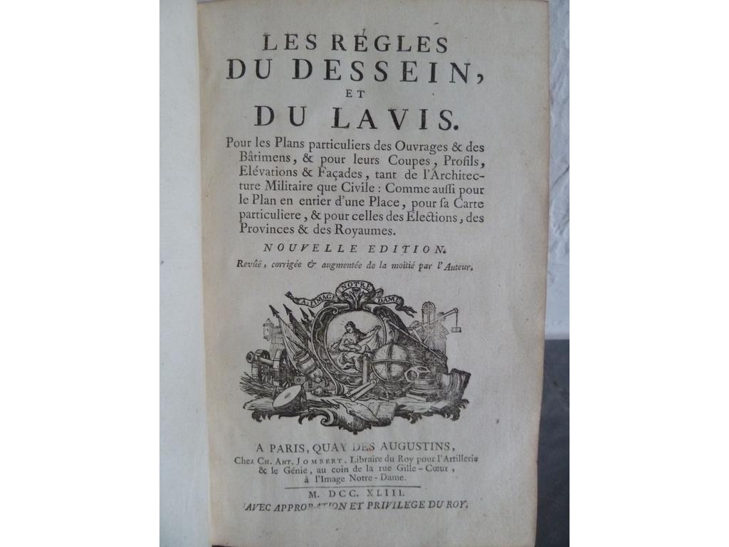 [BUCHOTTE] : Les règles du dessin et du lavis, pour les plans particuliers des ouvrages et des bâtiments  Paris : Jombert, 1743. Un volume in-8°. Reliure de lépoque plein veau havane, dos à nerfs orné de caissons de double filet doré fleuronnés, pièce de titre en maroquin rouge, roulette dorée sur coupes, toutes tranches rouges. Bien complet de ses 22 planches dépliantes. Infimes défauts. BEL EXEMPLAIRE.