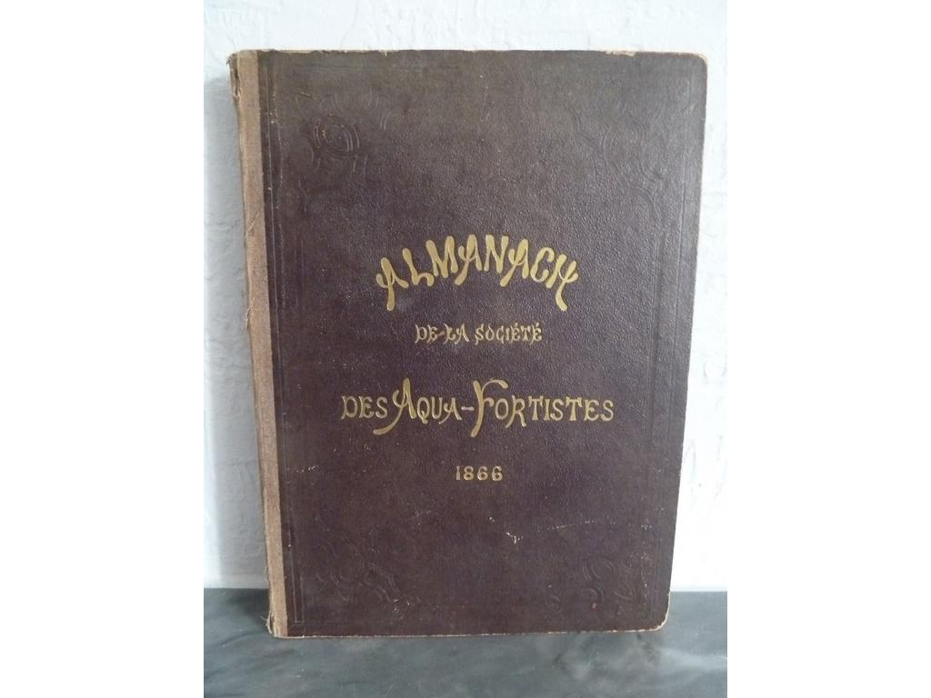 ALMANACH de la société des aqua-fortistes. 1866. Paris : Cadart et Luquet, 1866. 1 volume in-4°. Reliure de léditeur demi-percaline marron, plats cartonnés ornés chagrinés, titré or sur le 1er plat. Bien complet de son titre gravé et de ses 12 superbes eaux-fortes à pleine page de G. de BORET et ULM. In-fine, est relié le catalogue de Cadart et Luquet avec les prix et les titres des lithographies, gravures et eaux-fortes des artistes de lépoque ainsi que la liste de tous les graveurs membres de la société des aqua-fortistes.Cet almanach ne connut que 2 éditions : 1865 et 1866 Quelques usures et rousseurs, sinon BON EXEMPLAIRE, superbement illustrée. Rare.