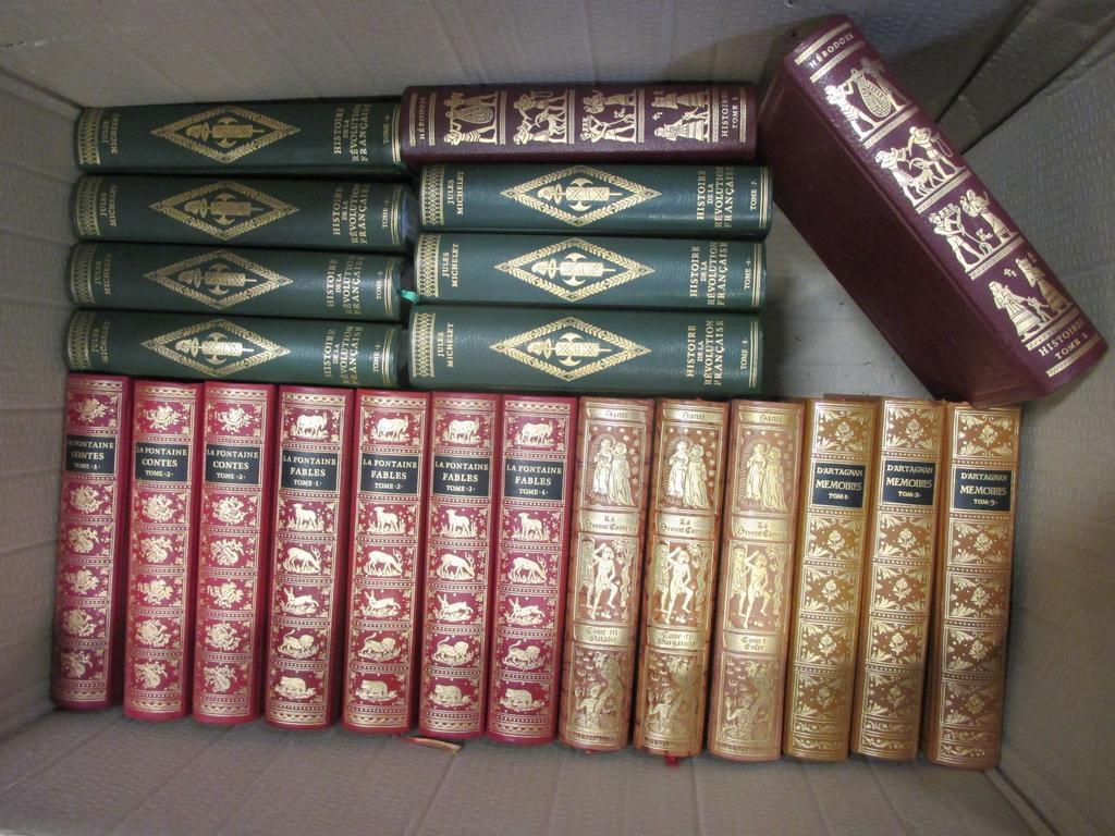 Editions Jean de BONNOT : Ensemble de 22 ouvrages : Les Contes et Les Fables de la FONTAINE, La Révolution Française de MICHELET, HERODOTE, DANTE et les mémoires de d'Artagnan. 1 carton