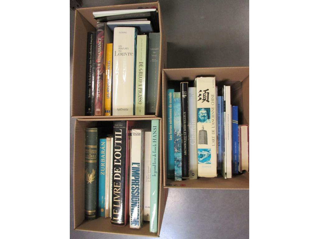 Ensemble d'ouvrages modernes essentiellement Art dont Art de l'ancienne Chine chez Citadelle Mazenot, le livre de l'outil, les peintures du Louvre et divers. En tout 3 cartons
