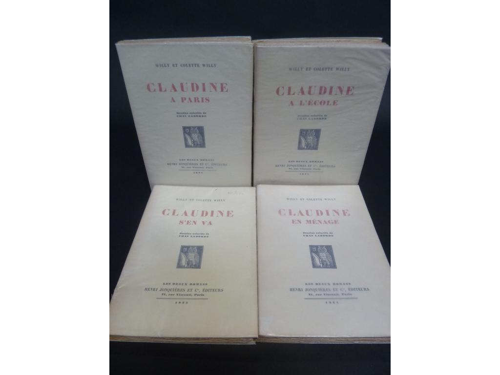 COLETTE et WILLY. (CHAS LABORDE) : Claudine en ménage. Claudine s'en va. Claudine à l'école. Claudine à Paris. Paris, Les Beaux Romans, 1924-1925, 4 volumes in-8 brochés sous couvertures imprimées et rempliées. Illustrations en couleurs de de CHAS-LABORDE. Tiré à 1202 ex. numérotés. 1 des 1100 sur vélin teinté de Rives. TRES BONS EXEMPLAIRES.