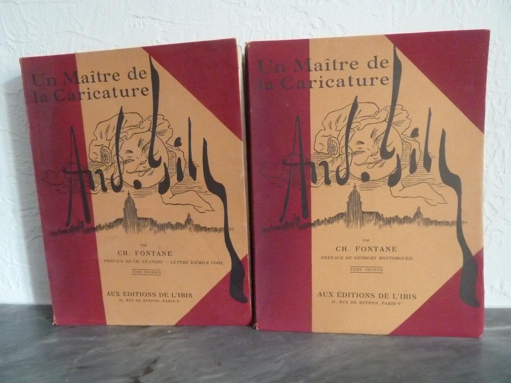 FONTAINE, Charles : Un maître de la caricature : André GILL. Paris : Editions de libis, 1927. 2 volumes brochés grand in-4°n sous couvertures illustrées et rempliées. Non rognés. EDITION ORIGINALE tirée à 400 ex. 1 des exemplaires sur pur fil Lafuma-Navarre, dont le tirage est justifié par un portrait de profil en rouge). Ouvrage très richement illustré, in-texte et hors-texte, en noir et en couleurs. Quelques rousseurs. TRES BEL EXEMPLAIRE de cet ouvrage de référence.