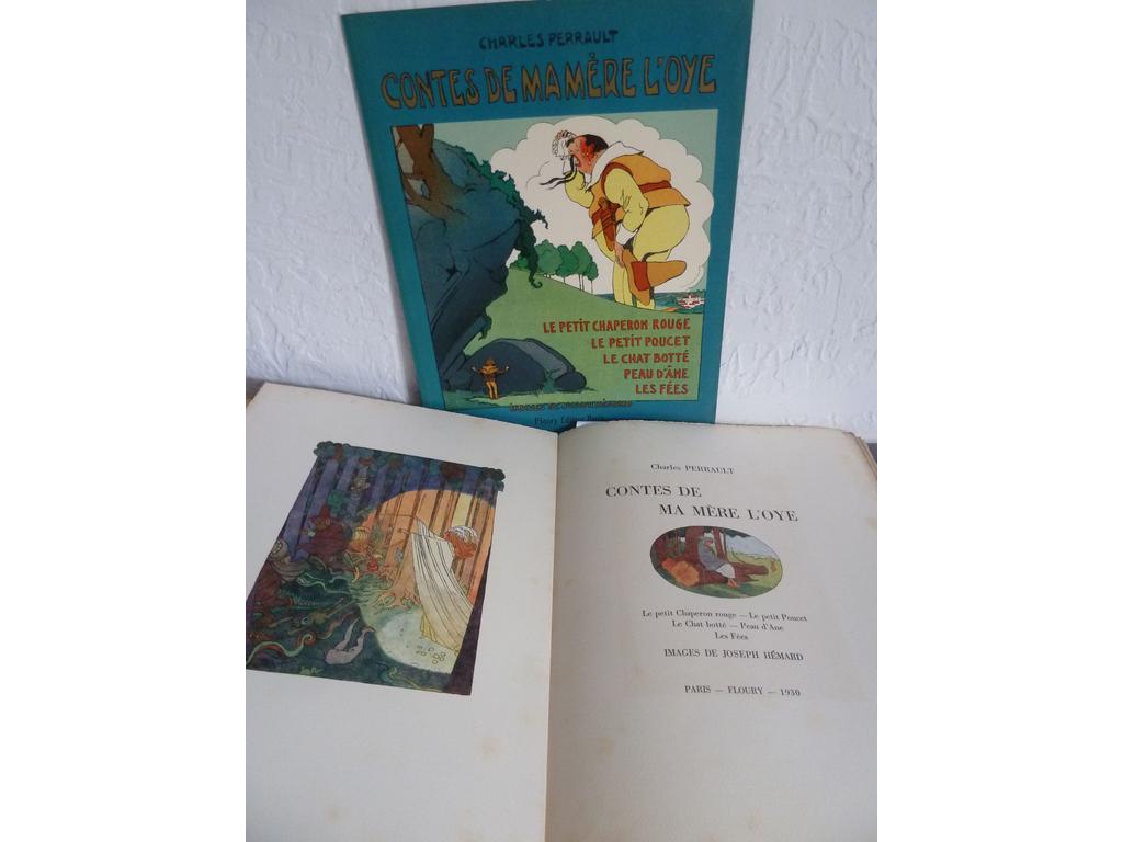 PERRAULT, Charles. (HEMARD, Joseph) : Contes de ma mère loye (Le petit chaperon rouge. Le petit Poucte. Le chat botté. Peau dâne. Les féés). Paris : Floury, 1930. 1 volume in-folio en feuilles sous couvertures imprimées et rempliées. Couvertures illustrées en couleurs et 71 compositions en couleurs de Joseph HEMARD dont frontispice, vignette sur titre, 10 à pleine page et 59 in-texte. Tiré à 250 ex. numérotés sur Arches. 1 de ceux-ci. Petites déchirures sans manque au dos de la couverture générale sinon BEL EXEMPLAIRE.