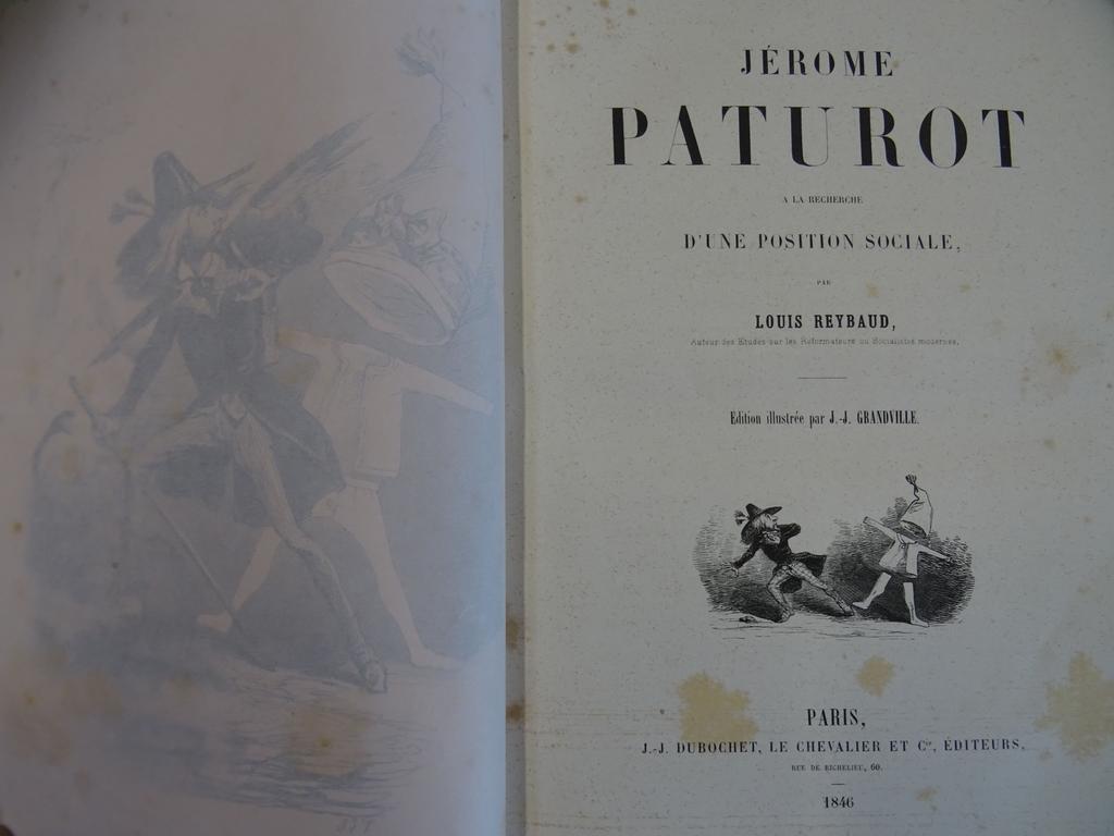 REYBAUD, Louis. (GRANDVILLE) : Jérôme Paturot à la recherche dune position sociale. Paris : Dubouchet, Le Chevalier et Cie, 1846. 1 volume in-4°. Reliure pleine percaline bleue de léditeur, dos lisse richement orné d'une grande plaque dorée représentant Jérôme Paturot grimpant à une échelle. Sextuple filet doré d'encadrement sur les plats, premier plat orné d'un décor doré et polychrome figurant les armes imaginaires de Jérôme Paturot, 2nd plat frappé d'un fer doré, toutes tranches dorées. Illustrations gravées sur bois de GRANDVILLE dont couvertures, 32 hors-texte dont frontispice et 167 in-texte. Quelques usures aux coupes et rousseurs passim. ON Y JOINT : Le Prisme. Encyclopédie morale du dix-neuvième siècle. Paris : L. Curmer, 1846. Un volume in-4°. Reliure de lépoque demi-chagrin vert cyprès, dos lisse orné en long dun décor rocaille. Illustré de nombreuses gravures sur bois de  DAUMIER, GAGNIET, GAVARNI, GRANDVILLE, MALAPEAU, MEISSONIER, PAUQUET, PENGUILLY, RAYMOND PELEZ, TRIMOLET. Supplément des « Français peints par eux-mêmes ». « Ce volume devenu fort rare a été offert en prime aux souscripteurs des Français, il en est le complément indispensable » (Carteret : III, 250). Rousseurs passim. BON ENSEMBLE de 2 volumes.