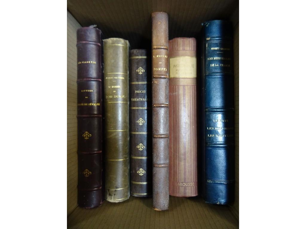 6 ouvrages en reliures XIXème et XXème siècle reliés. Divers sujets dont les Lettres de Mme de SEVIGNE et Pompéi...1 carton