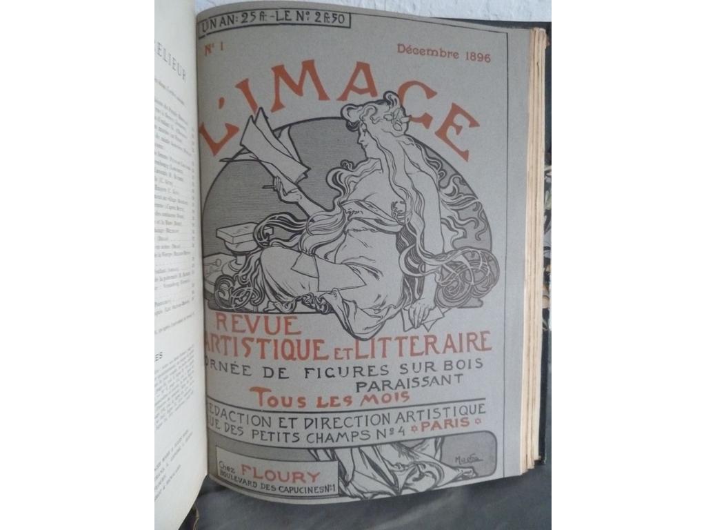 L'IMAGE : revue artistique et littéraire ornée de figures sur bois. Paris : Floury : 1896-1897. 12 livraisons reliées en un volume in-4. Reliure de lépoque demi-chagrin vert cyprès à coins, dos à nerfs janséniste, tête dorée. Les couvertures générales illustrées et les couvertures des livraisons superbement illustrées ont été conservées. Très richement illustré de nombreuses gravures in-texte et bien complet de ses 48 hors-texte. Collection complète des 12 numéros parus de cette revue fondée par la Corporation des graveurs sur bois avec des textes de Maurice Barrès, Huysmans, Stéphane Mallarmé, Emile Zola, Jules Renard, Remy de Gourmont, Emile Verhaeren, Pierre Louys, Roger Marx etc. ?Les couvertures ont été dessi¬nées par Mucha, Toulouse-Lautrec, Victor Prouvé, Bellery-Desfontaines, Verneuil, etc. , pour les illustrations, avec de nombreuses gravures sur bois hors texte et dans le texte, on trouve les noms de George Auriol, Mucha, Maurice Denis, Daniel Vierge, Tony Beltrand, Jules Chéret, Lucien Pissarro, Helleu, Vallotton, Victor Prouvé, Auguste Lepère, Puvis de Chavannes, Auguste Rodin, Degas, Luc-Olivier Merson, Carlos Schwabe, Eugène Carrière, Eugène Grasset, Steinlen, Léon Lhermitte, etc. TRES BEL EXEMPLAIRE de cette superbe revue représentative des divers courants du temps : Symboliste, Art Nouveau, Orientaliste et « Belle Epoque ».