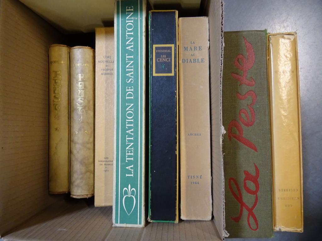 Lot d'ouvrages illustrés en feuilles dont la Tentation de Saint Antoine illustrée par Daragnes et La Peste de Camus illustrée par Edie Legrand. 1 carton