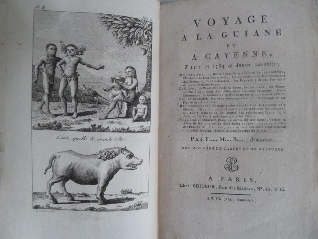 PRUDHOMME, Louis-Marie : Voyage à la Guyane et à Cayenne, fait en 1789 et années suivantes  Paris : Chez l'éditeur an VI (1797) . Un volume in-8°. Reliure mi-XXe demi-basane marbrée havane, dos à nerfs soulignés de double filet à froid, points dorés, pièce de titre en maroquin grenat. EDITION ORIGINALE bien complète de sa carte en couleurs dépliante et de ses 3 belles gravures hors-texte dont frontispice. 1er et dernier feuillets parfaitement remontés. Pâle mouillure angulaire certains feuillets. TRES BEL EXEMPLAIRE, bien établi. RARE.