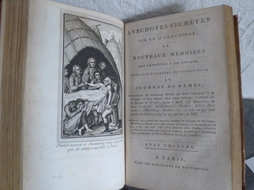 RAMEL (Jean-Pierre) Journal de l'adjudant-général Ramel, commandant de la Garde du Corps Législatif de la République Française, l'un des déportés à la Guyane après le 18 fructidor  [Relié à la suite] : Anecdotes secrètes sur le 18 fructidor et nouveaux mémoires des déportés a la Guyane, écrits par eux-mêmes, et faisant suite au Journal de Ramel Londres :  s.d., 1799 et Paris : Giguet, s.d.  Un volume in-8°. Reliure de lépoque pleine basane fauve, dos lisse richement orné dune succession de roulettes dorées et fleurons dorés, pièce de titre en maroquin rouge. Bien complet de ses 2 frontispices dont pour le 2ième,  celui intitulé « Plutôt mourir a Sinamary sans reproche que de vivre coupable à Paris ». Quelques feuillets brunis sinon BEL EXEMPLAIRE.