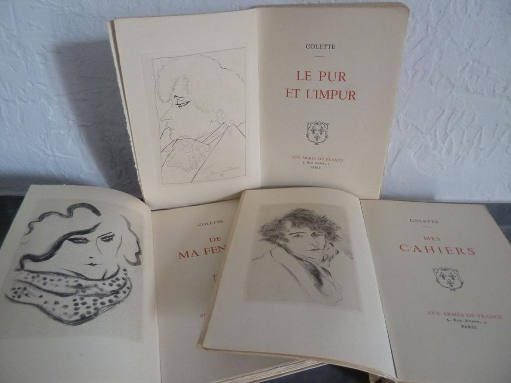 COLETTE : Le pur et limpur. De ma fenêtre. Mes cahiers. Paris : Aux armes de France, 194, 1942 et 1941. 3 volumes brochés in-8°, sous couvertures imprimées. Bien complet de leurs portraits de lauteur en frontispice respectivement de Jean COCTEAU, DIGNIMONT et Luc-Albert MOREAU. Ex. numérotés sur papier « Ivoirine » des papeteries de Docelles. TRES BON ENSEMBLE