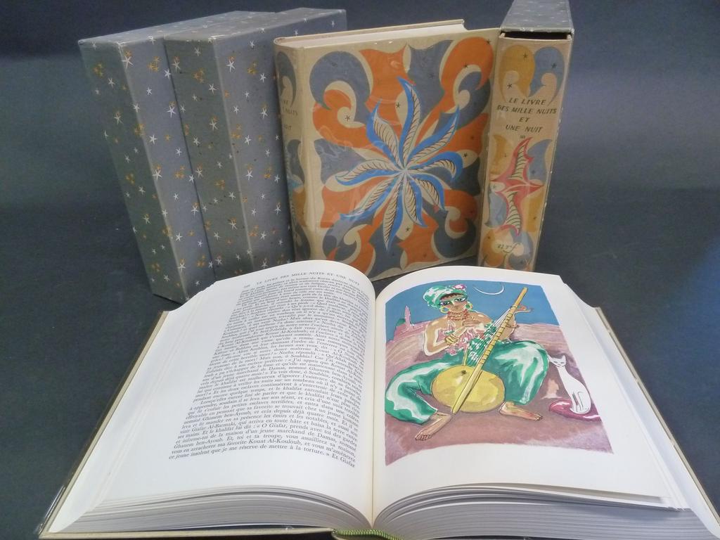 MARDRUS, J.C. (traduction de). (VAN DONGEN, Kees) : Le livre des mille nuits et une nuit. Paris : Fasquelle-Nrf-Gallimard, 1955. 3 volumes in-4°. Reliures de léditeur décorées daprès une maquette de Paul Bonet. Rhodoïds. Etuis cartonnés. Illustré de 80 aquarelles hors-texte daprès Kees VAN DONGEN. Exemplaire numéroté sur vélin Plumex.. TRES BEL EXEMPLAIRE.