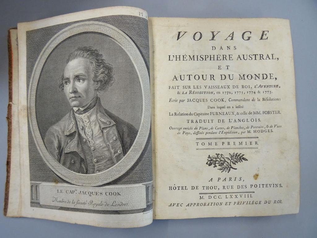 COOK, James : Voyage dans l'hémisphère austral, et autour du monde, fait sur les vaisseaux du roi, l'Aventure,   la Résolution, en 1772, 1773, 1774   1775. Paris : Hôtel de Thou, 1778. 5 volumes in-4°. Reliures de lépoque demi-veau fauve, dos à nerfs ornés de caissons de double filet doré fleuronnés, pièces de titres en maroquin rouge et de tomaison en maroquin noir, toutes tranches rouges. Bien complet de son portrait en frontispice, de ses 15 cartes ou plans dont 9 dépliants, de 51 planches hors-texte de vues, portraits, instruments ou plantes dont 27 dépliantes et 20 portraits. 2 tables dépliantes. Les reliures présentent divers défauts et usures (coiffes arasées, des mors fendus, des manques), bon état intérieur quelques rousseurs éparses. Exemplaire correct.