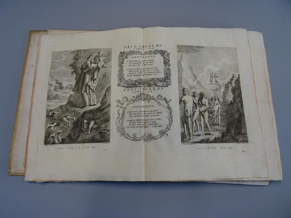 DANTE : [La divina commedia. Venise : Antonio Zatta, 1757]. 1 volume in-4°. Reliure de lépoque plein vélin ivoire, titré doré au dos, toutes tranches rouges. Album seul monté sur onglets et composé pour chaque partie (Enfer, purgatoire, paradis), de 17 feuillets contenant 2 gravures avec un texte au centre (au total 51 feuillets), 4 gravures manquent, une volante. 1 feuillet et 3 feuillets avec 2 gravures chacun, sont respectivement placés en tête et in fine. Feuillet de dédicace présent mais volant. Quelques usures et défauts. Bon état intérieur. Peu courant.