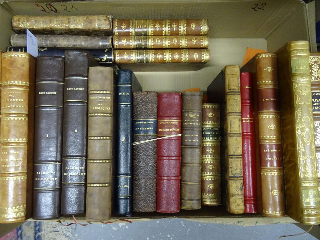 Ensemble d'ouvrages reliés dont : Boccace le Décameron illustré par Brunelleschi, Gustave Flaubert Salammbo et Mme Bovary illustrés par Pierre Nöel et Boullaire, Barbey d'Aurevilly : Les Diaboliques illustré par Ivanoff, etc .... En tout 2 cartons