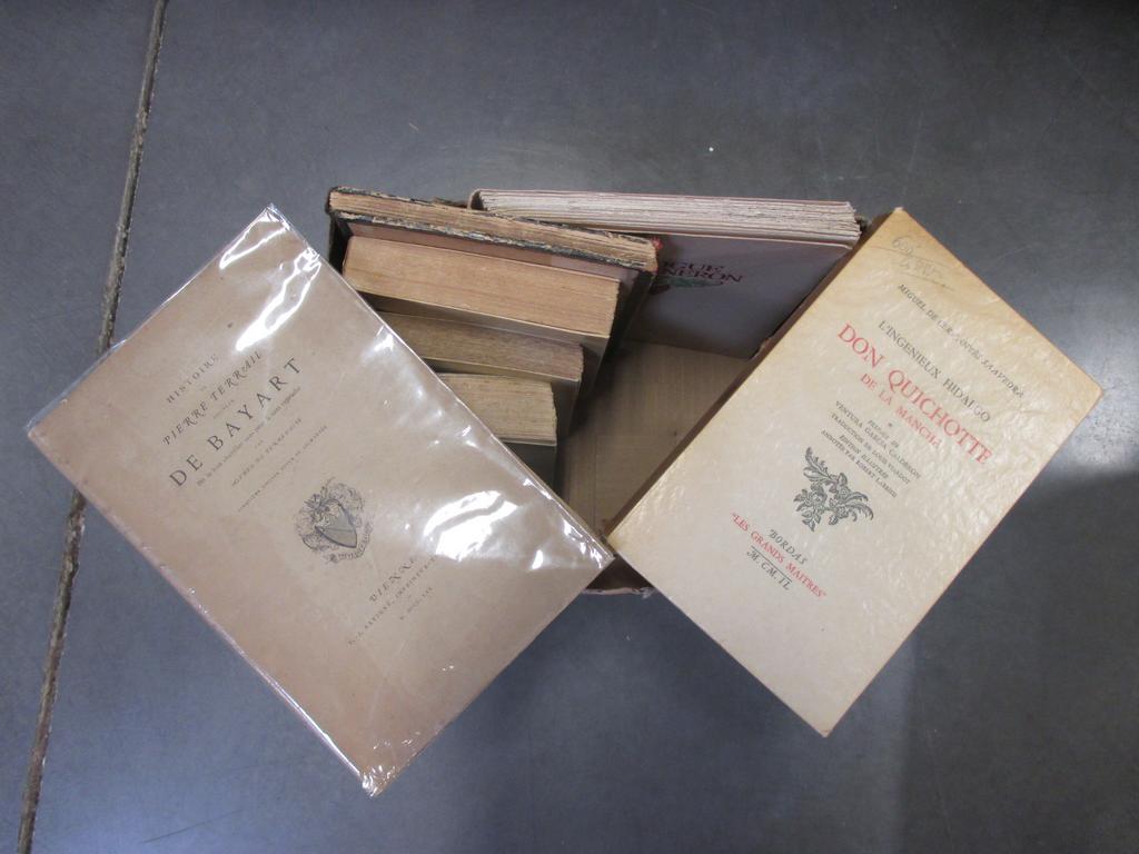 Lot de 7 sept ouvrages dont brochés : Cervantes : Don Quichotte (2 volumes), Giraudoux : Ecole des indifférents, Mémoire de Philippe de Commynes, Histoire du seigneur de Bayart (broché cassé), la flore pharaonique et le monologue du bon vigneron (illustré)